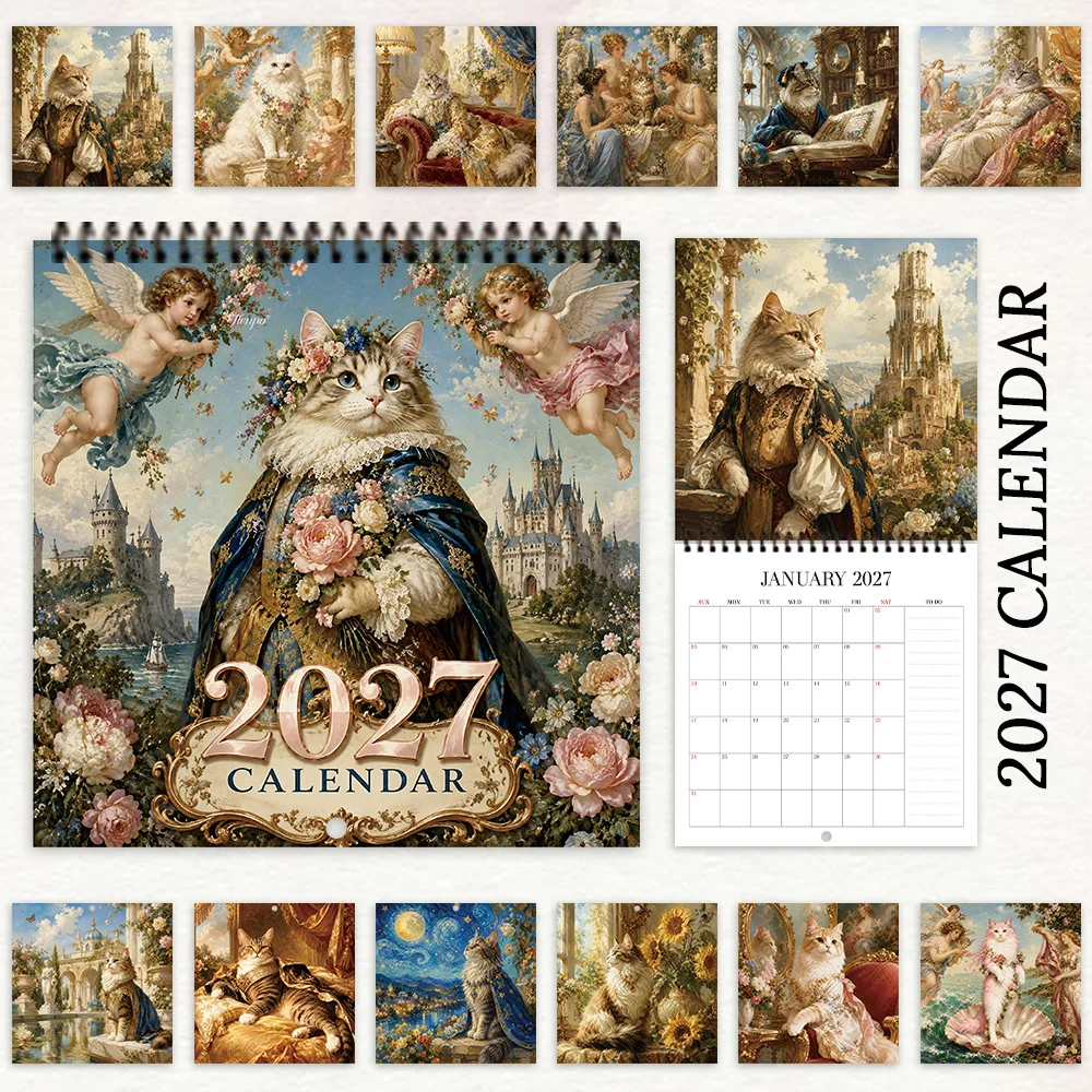 1pc 2027 Wall Calendar, Palace Cat Theme, 12-Month Monthly Planner, Perfect Gift For Back-to-School Season, Christmas, New Year