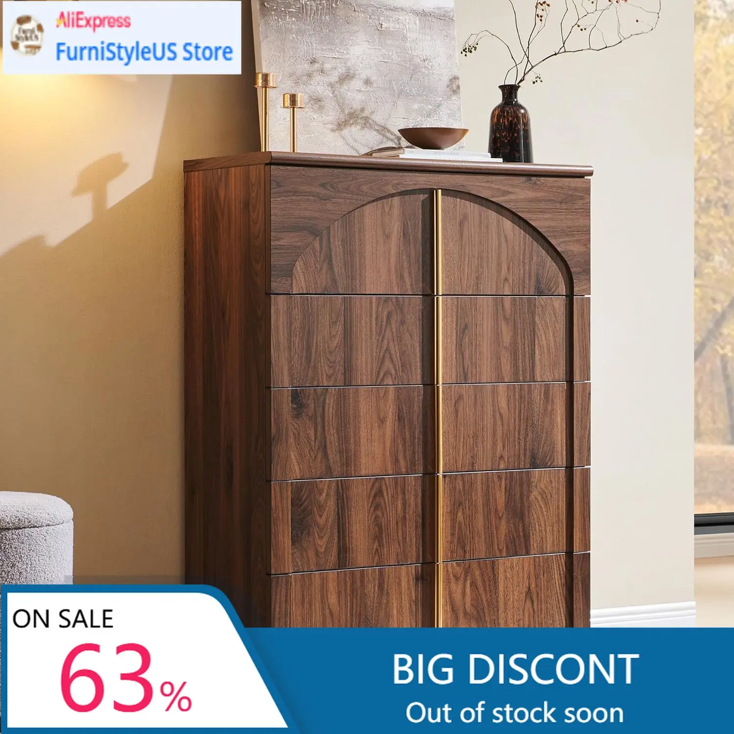 

Современный комод с 5 ящиками для спальни, 44 дюйма в высоту, с арочными панелями и металлическими ручками, деревянный, с функцией открывания нажатием.