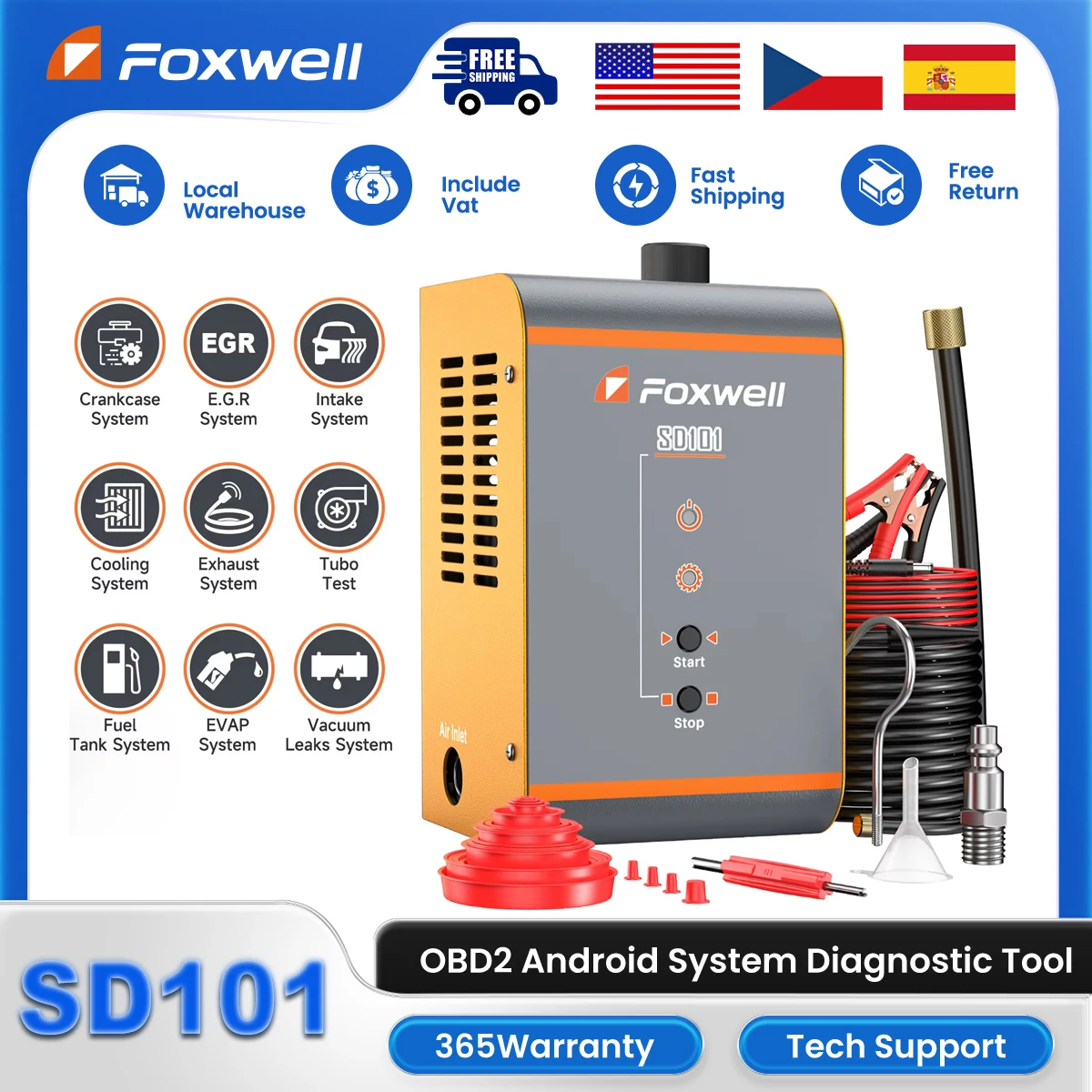 

2024 FOXWELL SD101 Автомобильный детектор утечки дыма, тест 12 В EVAP, промывка топливного масла, регулируемая частота, диагностический инструмент для дыма
