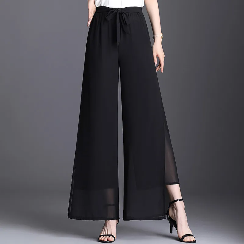 Red Summer Chiffon High Waist Wide Leg Pants Women's Double Layer Split Wide Leg Pants Swing Pants Dance Pants Loose Pants M-5XL