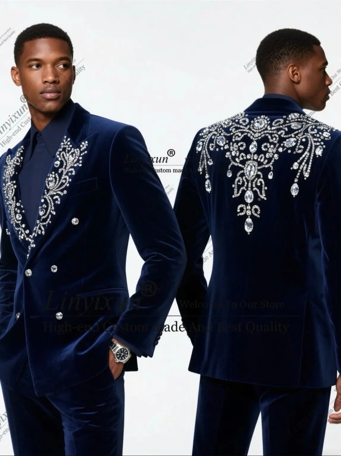 

Design Style Crystal Diamond Men Suits 2 Pieces Wedding Groom Tuxedo Glitter Lapel Male Prom Blazers Customized Costume Homme
