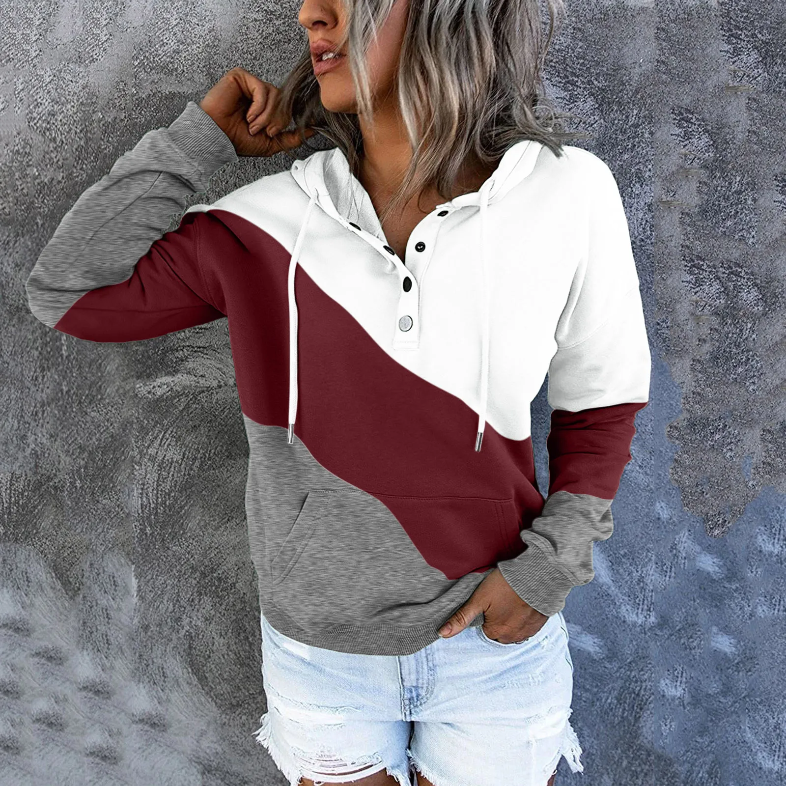 Mode Streep Patchwork Vrouwen Knop Hoodies Sweatshirts 2024 Lange Mouw Pocket Capuchon Truien Y2K Straat Esthetische Kleding