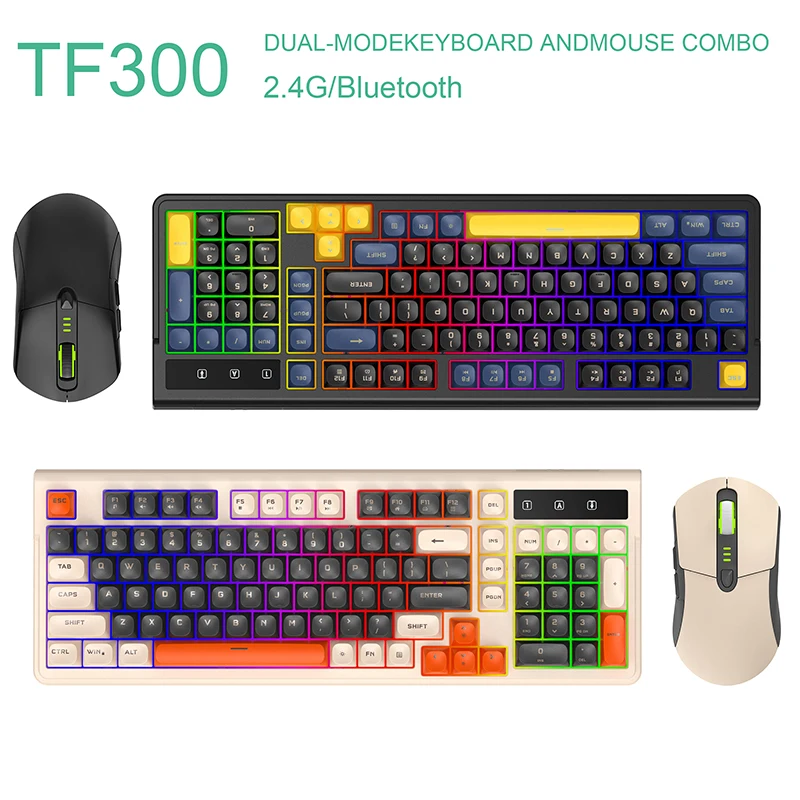 Combo de Teclado y Ratón Inalámbrico Bluetooth TF300 2.4G, Teclado para Juegos con Sensación Mecánica de 98 Teclas, Retroiluminación Multicolor Recargable 2000