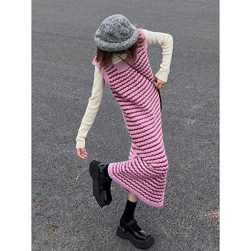 

2025 Autumn and Winter Striped Knitted Sweater Mid To Long Length Sweater High-end Dress for Women