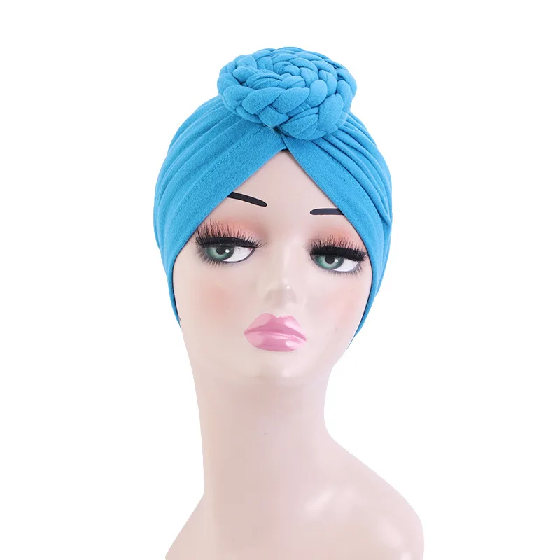 Women Turban Twisted Braid Plate Flower Decor Headwrap Muslim Lady Hair Cover Beanie Head Wear Solid Color India Hat Headscarf