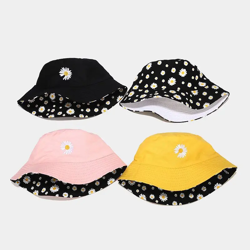 Popular Korean Daisy Embroidery Bucket Hat For Women Tropical Flower Print Double-Side Beach Panama Bob Caps Fisherman Sun Hat