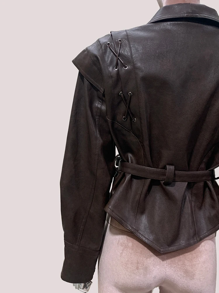 Mauroicardi Autumn Retro Brown Short Asymmetrical Pu Leather Jacket Blazer Women Shawl Collar Lace Up Luxury Designer Clothes