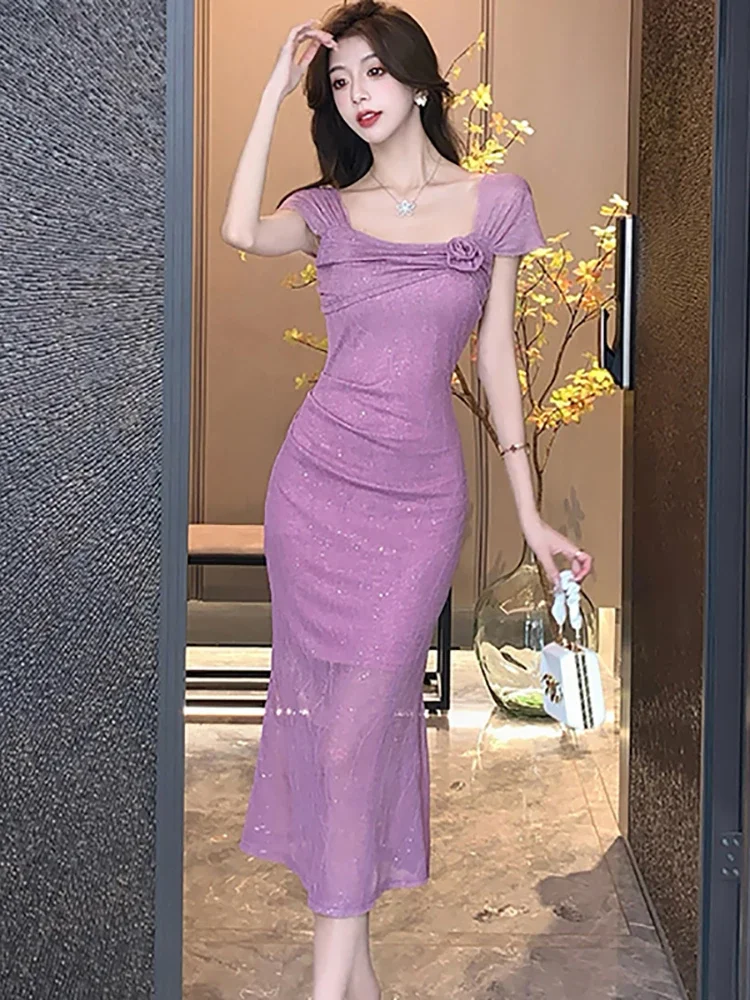 2024 New Purple Sequins Jacquard Casual Long Dress Spring Summer Chic Flower Square Collar Dress Women Elegant Bodycon Vestidos