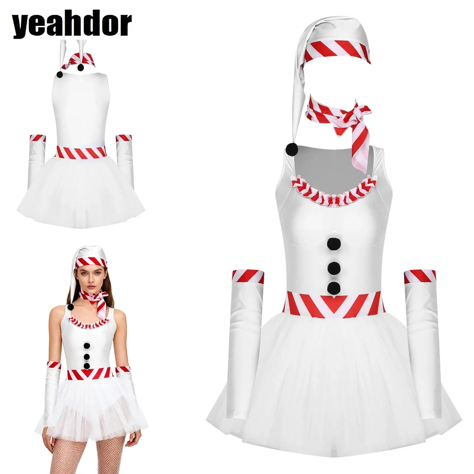 

Santa Claus Fancy Dress Women Christmas Snowman Dress-up Costume Sleeveless Tulle Tutu Dress with Striped Scarf Arm Sleeves Hats
