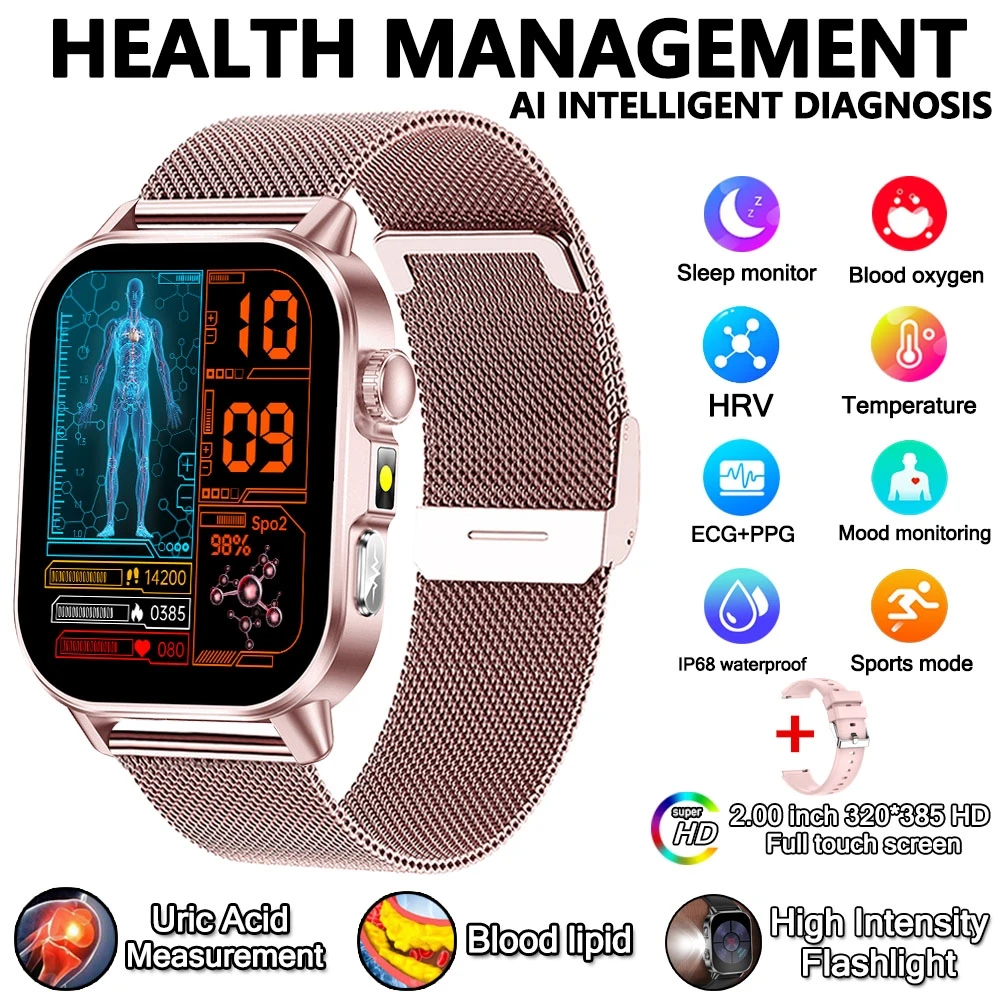 2026 Nieuwe Gezondheid Verpleging Grade Smart Horloge Mannen Bloedlipiden Urinezuur Tracker ECG + PPG Klok Bluetooth Oproep Smartwatches Mannen vrouwen