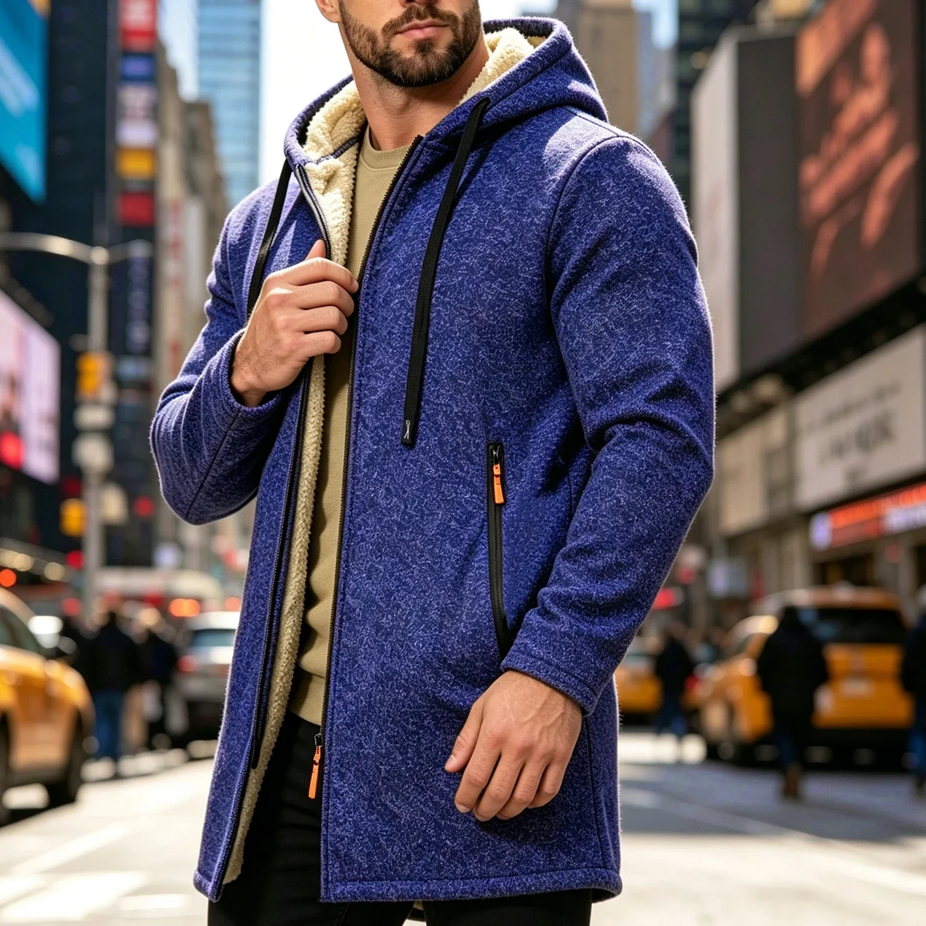 Mens Heather Mid Long Zip Up Hood Jacket Warm Lined Drawstring Hooded Coat Long Sleeve Casual Winter Outerwear