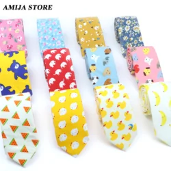 Cute Cotton Cartoon Tie For Men Yellow Duck Fruit Chick Watermelon Elephant Printed Funny Gift Animal Narrow Striped Slim Cravat