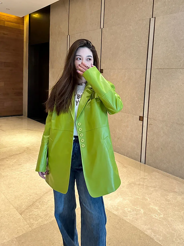 Spring Autumn Green Oversized PU Leather Jacket Long Sleeve Lapel Single Breasted Blazer Loose Korean Fashion 2023 Y2K