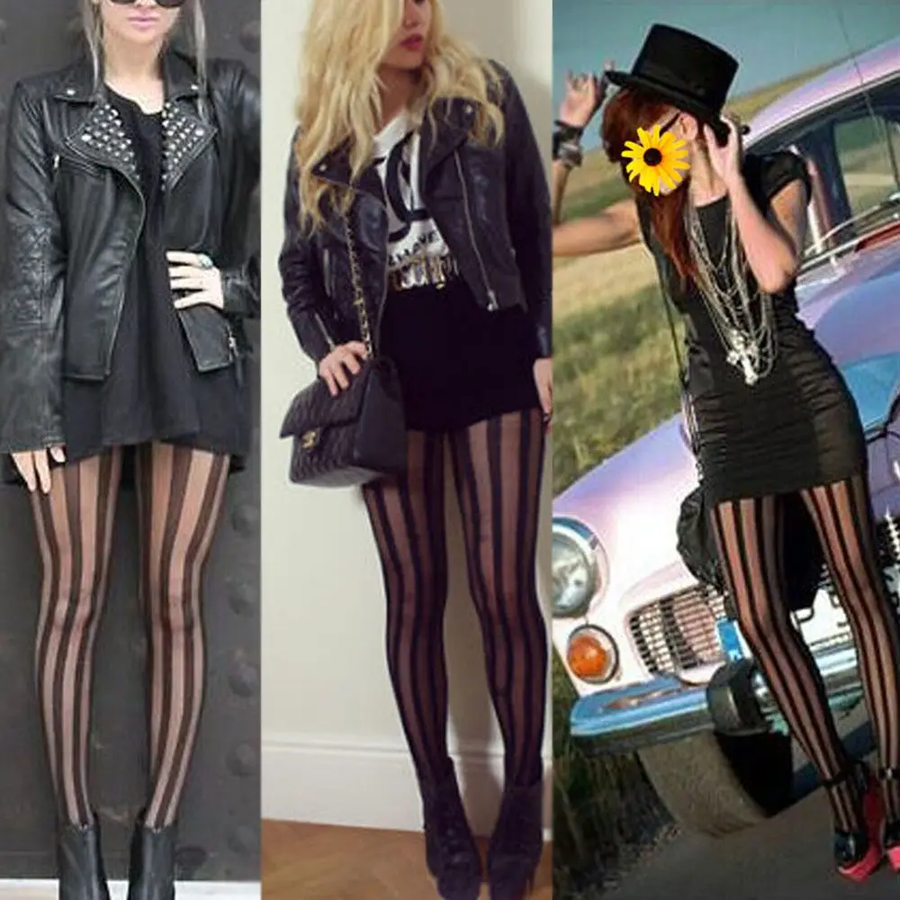 Victorian Lolita Gothic Women Girl Punk Tights Pantyhose Vertical Stripe Stockings Black image 5