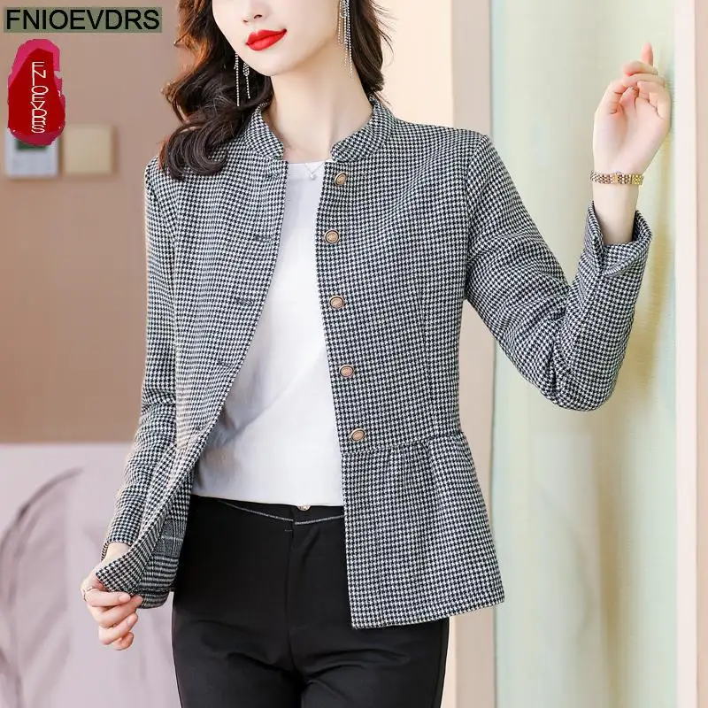 S-2XL 2023 Women Autumn Casual Slim Tunic Peplum Tops And Blouses Outer Wear Elegant Office Lady Work Button Plaid Shirts