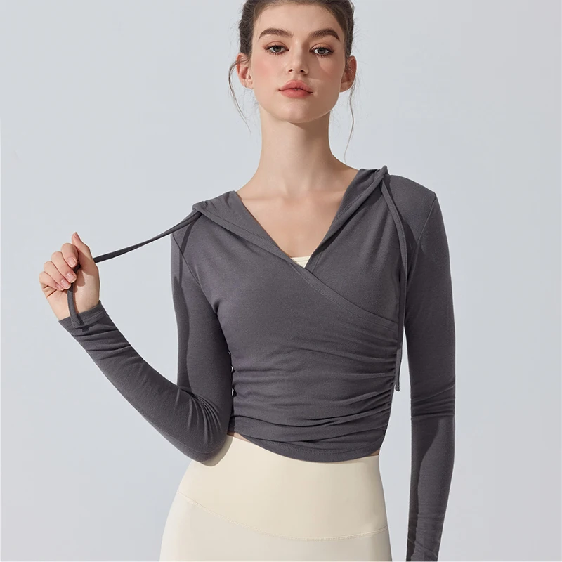 Women Long Sleeve Yoga Shirt Solid Color Slim Fit Gym Hooded T-shirt Breathable Quick Dry Running Top Female Sportswear Clothes