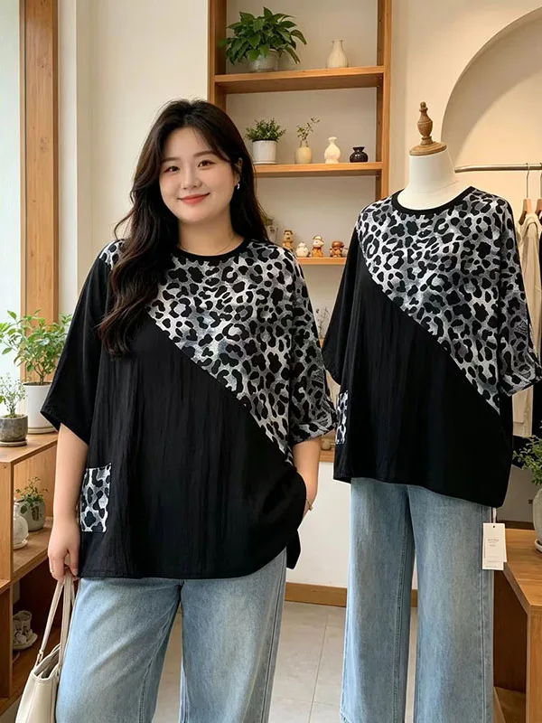 

Summer New plus Size Women's Black Leopard Print Patchwork Short Sleeve Mid-Length T-Shirt Korean Style Commute Fashion