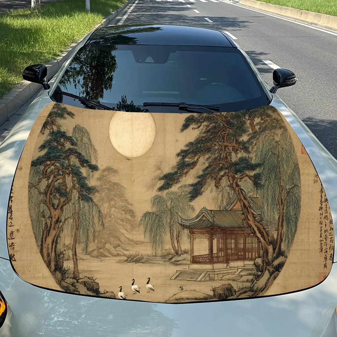 

Dynamic Chinese Landscape Painting PVC Car Vinyl Wraps, Self-Adhesive Waterproof Car Hood Decal Sticker, Car Decoration Protecti