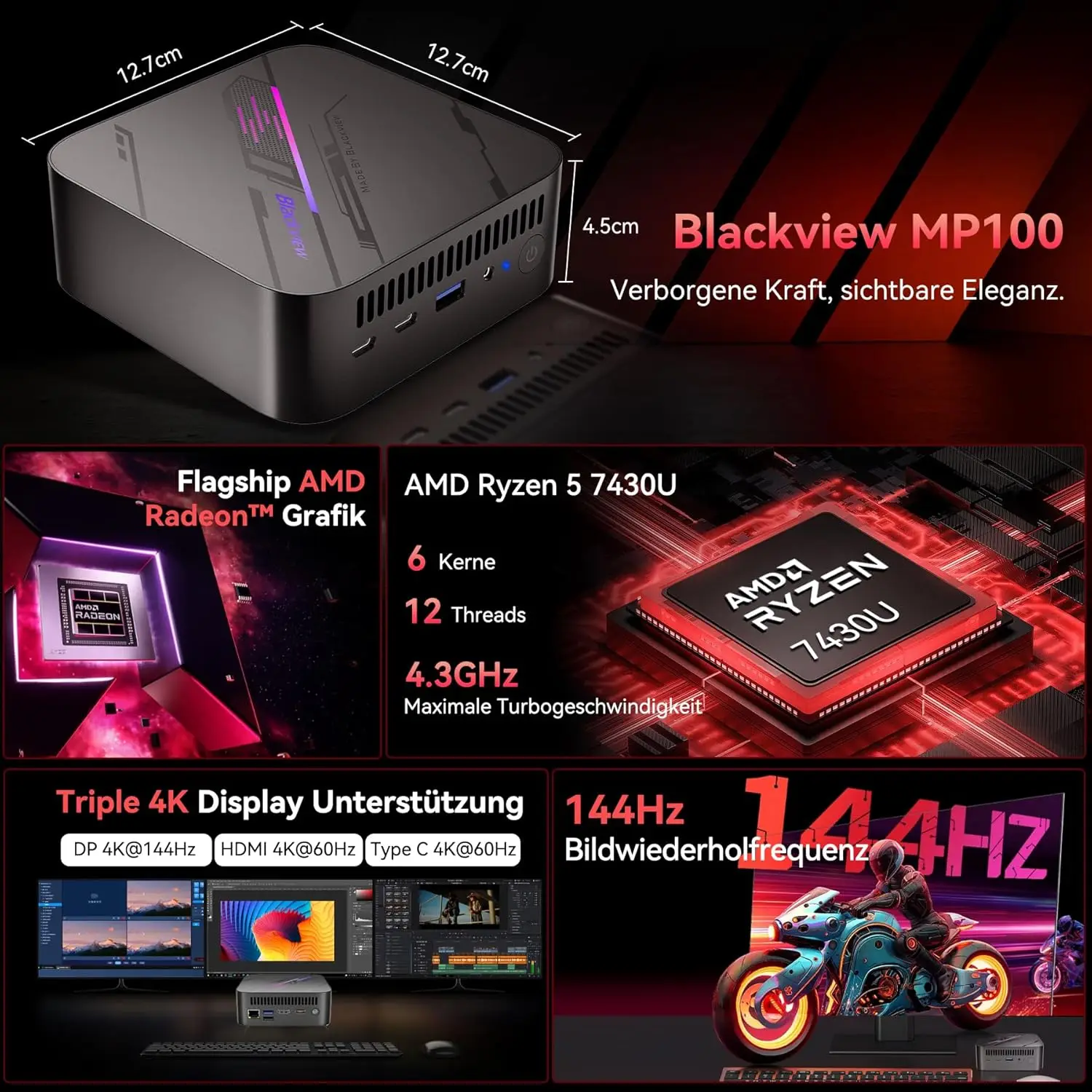 كمبيوتر Blackview MP100 Mini PC AMD Ryzen 5 7430U 16GB/32GB RAM 512GB/1TB SSD، كمبيوتر صغير مع شاشة WiFi 6/BT 5.2/4K ثلاثية