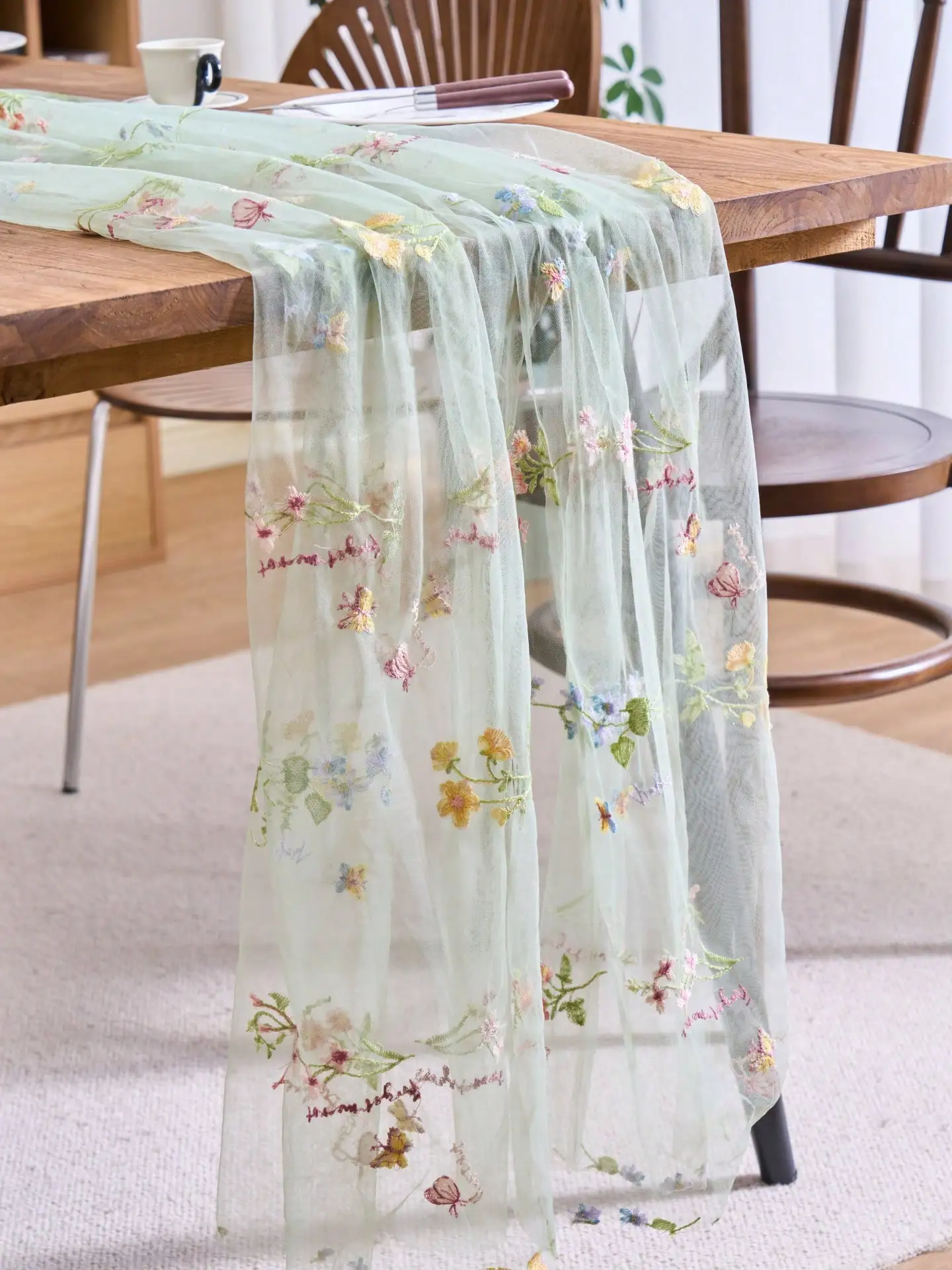 1pc Light Green Floral Embroidered Lace Table Runner, American Farmhouse Style Transparent Tulle Rectangular Tablecloth