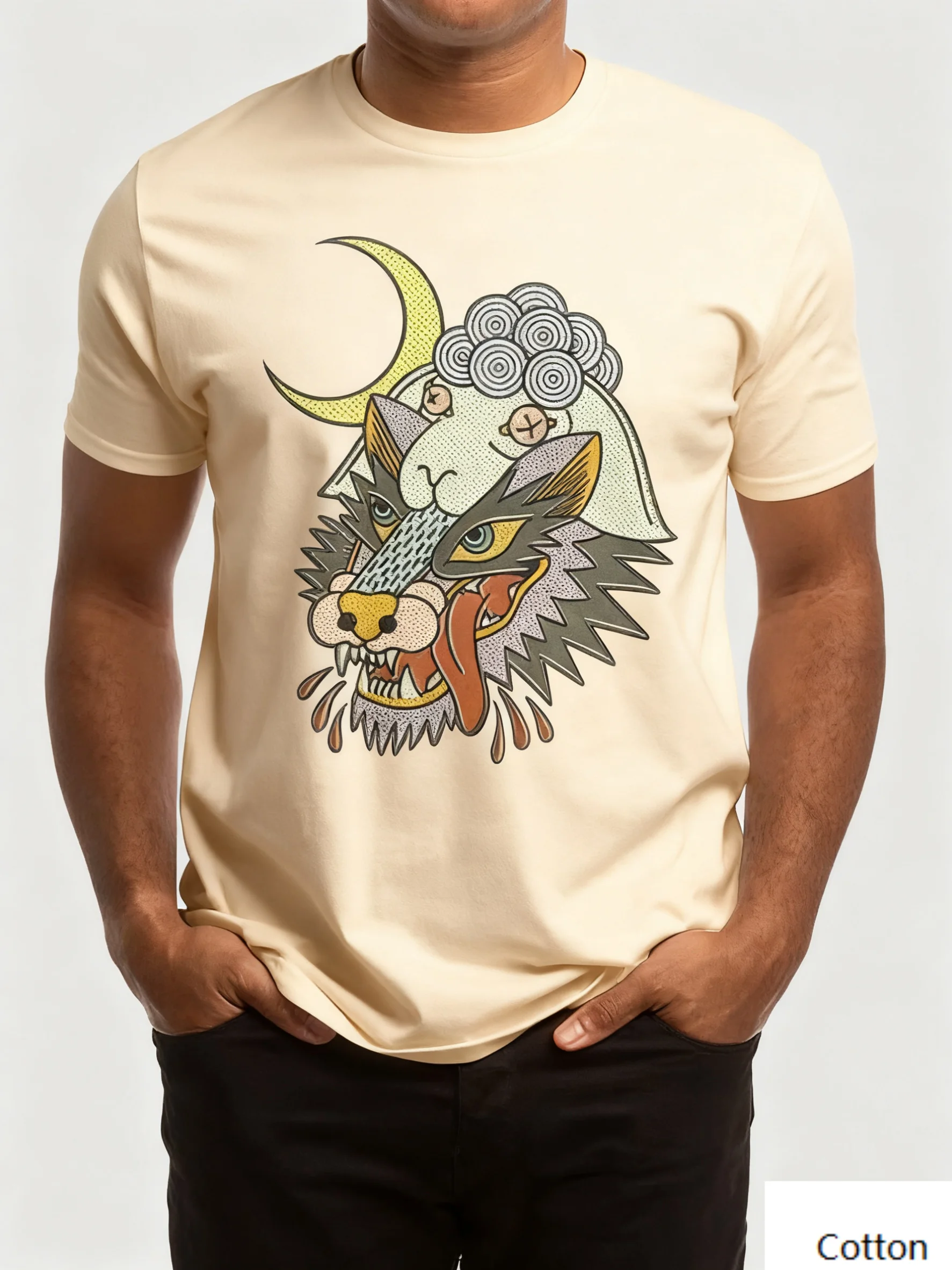 Хлопковая футболка с круглым вырезом Nostalgic Fantasy «Vintage Moon Wolf Feel» с креативным принтом волка, полумесяца