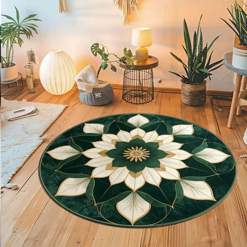 Mandala Round Area Rug Beige Cream Lotus Flower Printed Circular Carpets Non Slip Washable Boho Sofa Bedroom Decor Mat
