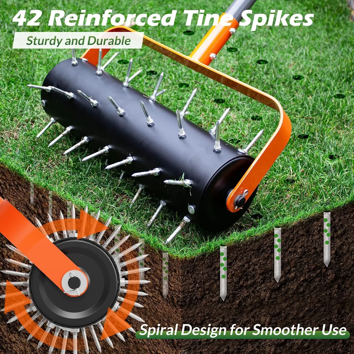 Rolling Lawn Aerator, Heavy Duty Manual Aerator Tool with 42 Spikes, Lawn Spike Aerator Roller with 71" Adjustable Handle - view 3