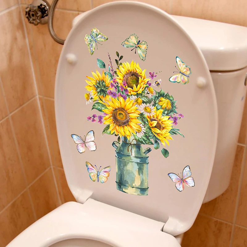 Sunflower Vase Wall Stickers Toilet Bathroom Decor Living Room Cabinet Home Decoration Beautiful Flowers Self-adhesive Wallpaper