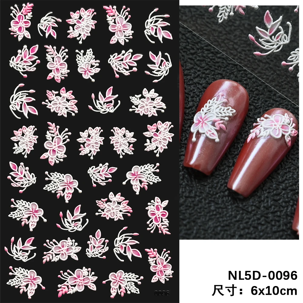 5D acrílico flores adesivos para unhas arte, gradiente rosa e branco, laço floral, prego deslizante suprimentos, gracioso, manicure decoração folhas