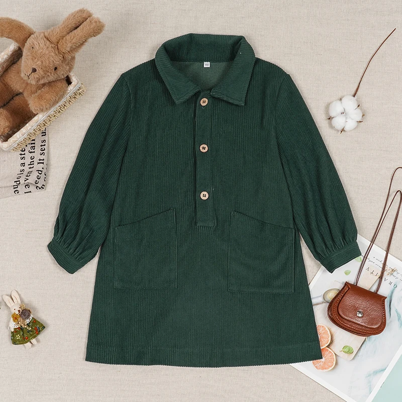 Lässiges Cordkleid für Mädchen 2026 Retro Herbst Neu Kinderkleid mit Revers Knöpfen Langarm mit Taschen Winterkleidung – Detail 4
