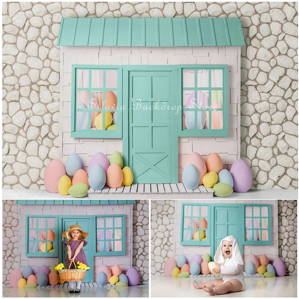 Minty Bunny Cabin Photography Backdrop Cloth Easter Egg Cake Smash Birthday Photo Background Kids Portrait Photo Studio Props