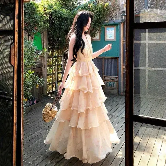 Retro Sundress Women Floral Printed Sleeveless Midi Dress Loose Fit French Style Beach Fashion Dress Outfit