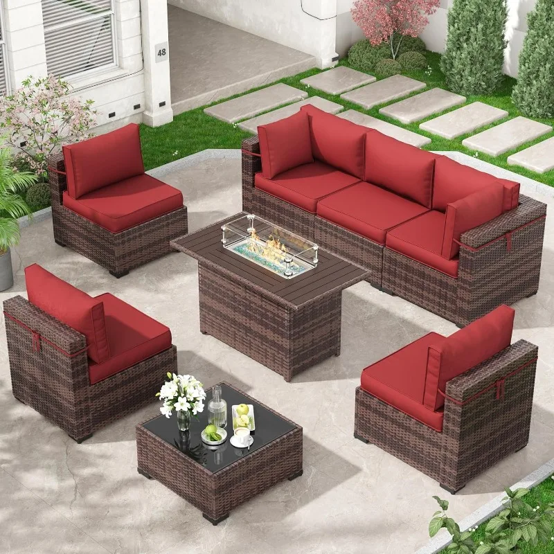 

8 Piece Outdoor Patio Furniture Set with 44” Fire Pit Table Rattan Conversation Sectional Sets, Patio Couch with Temper