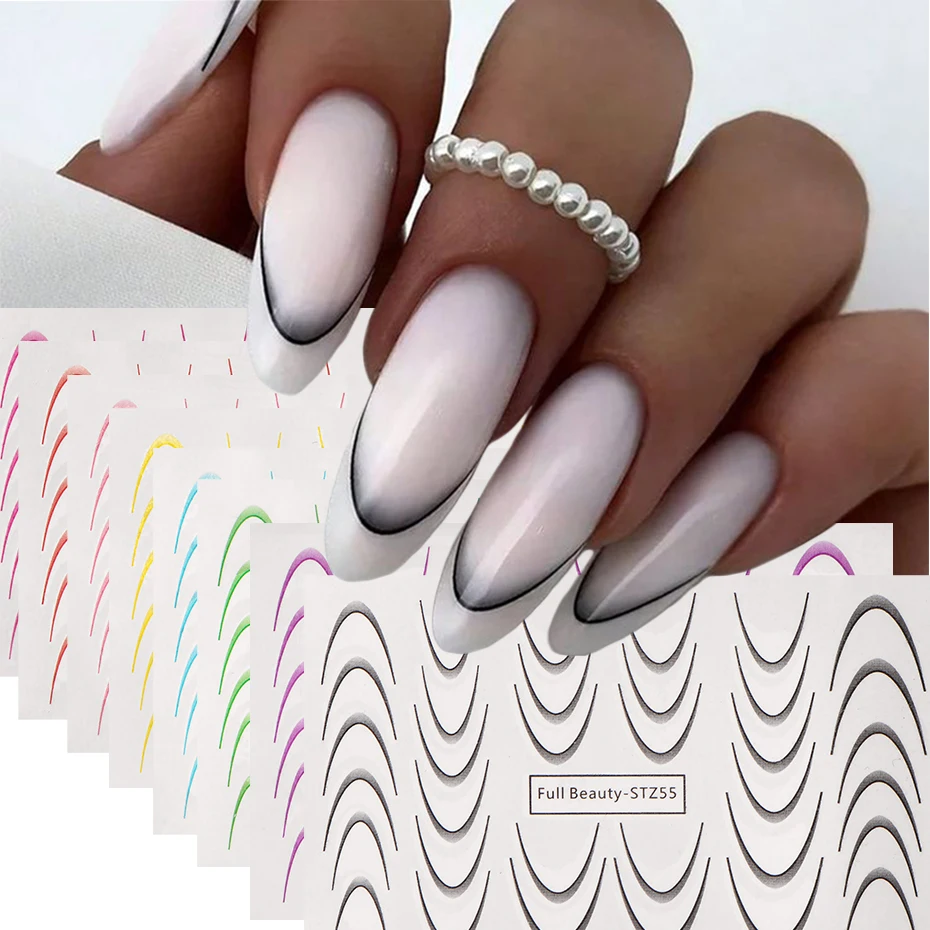 مجموعة ملصقات نقل المياه المتدرجة على شكل خط فرنسي، وردي أرجواني متعدد الألوان على شكل خط فرنسي لتزيين الأظافر بنفسك #2