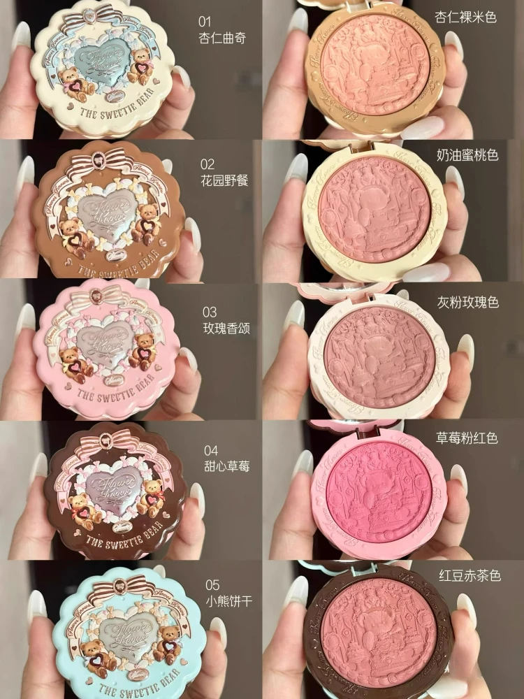 Flower Knows Sweetie Bear Silk Satin Blush Relief Embossed Cheek Lightweight Long Lasting Face Makeup