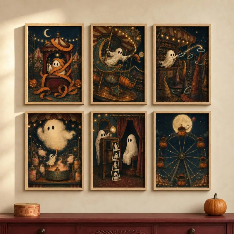 Vintage Cute Ghost Circus Carnival Canvas Halloween Wall Art Spooky Amusement Park Moon Pumpkin Holiday Home Room Decoration