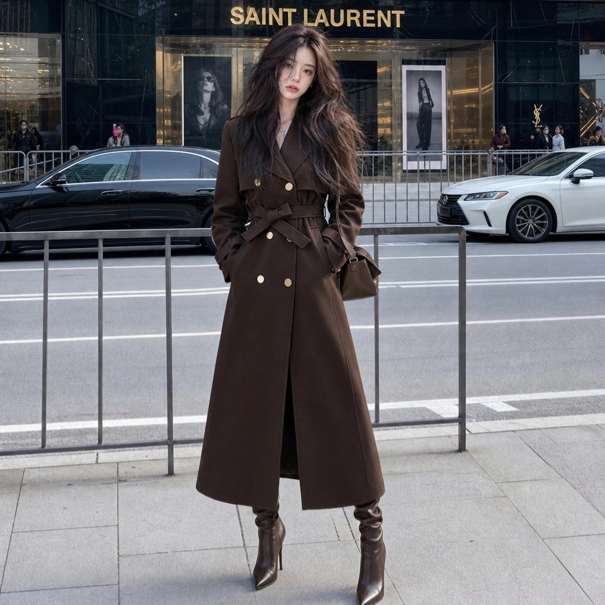 2026 Fall Women Long Trench Coat Double-Breasted Jacket Waist Tie Draped Overcoat Casual Windbreaker Ensemble Femme DM3CTC006