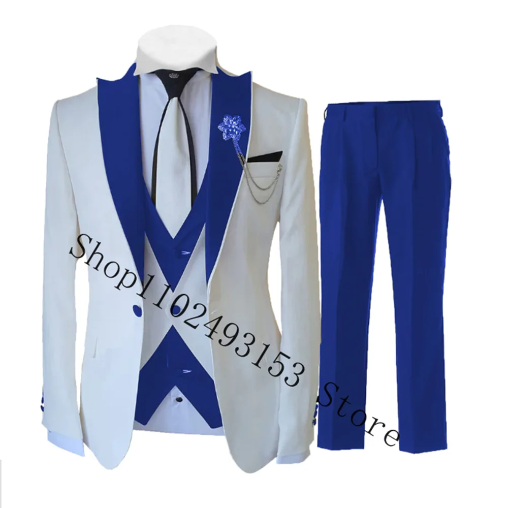 Koningsblauwe Mannen Pak Slim Fit Zakelijke Formele Smoking Voor Bruiloft Groomsmen Blazer 3 Stuks Pak Jas Vest Broek Kostuum Homme