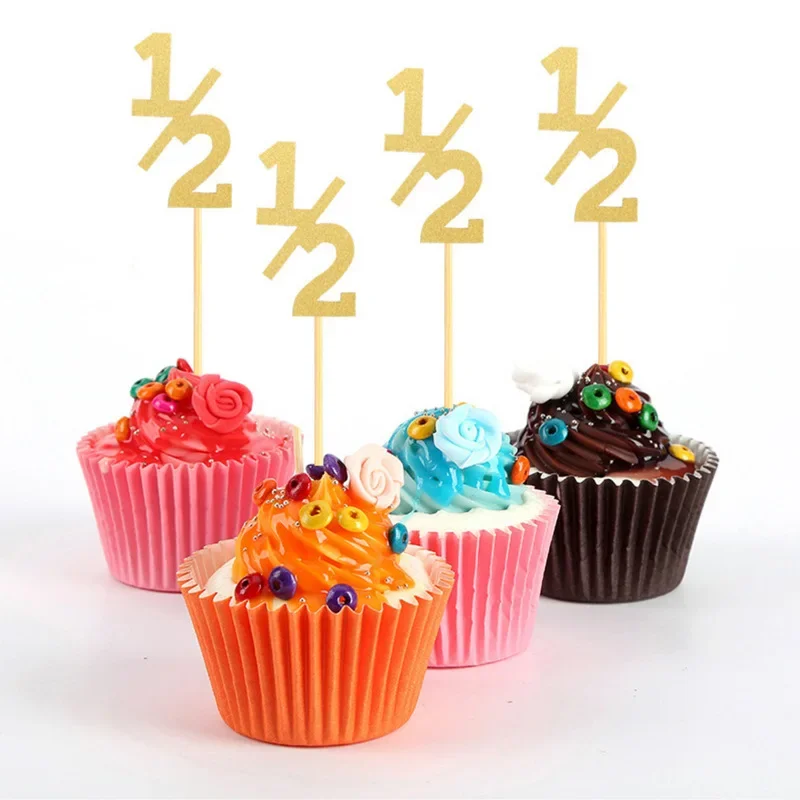 24Pcs Glitter 1/2 Birthday Cake Toppers Half Birthday Cupcake Toppers 6 Month Angel Cross for Baby Shower Cake Decorations