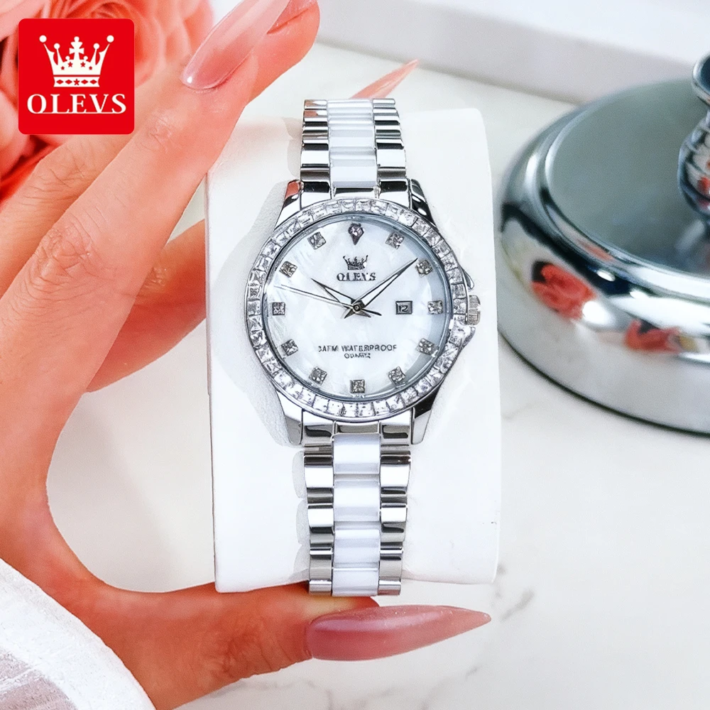 

OLEVS элегантные модные женские часы из нержавеющей стали с керамическим ремешком оригинальные брендовые кварцевые наручные часы для женщин водонепроницаемые дата