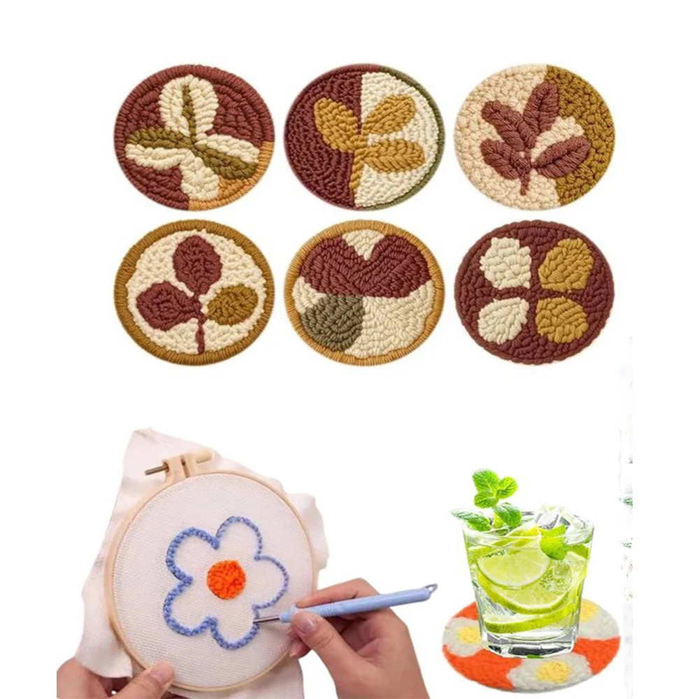

6Pcs Christmas Punch Needle Coaster Kit DIY Coaster Making Set Felt Yarns Embroidery Kit for Adult Beginner Home Decoration