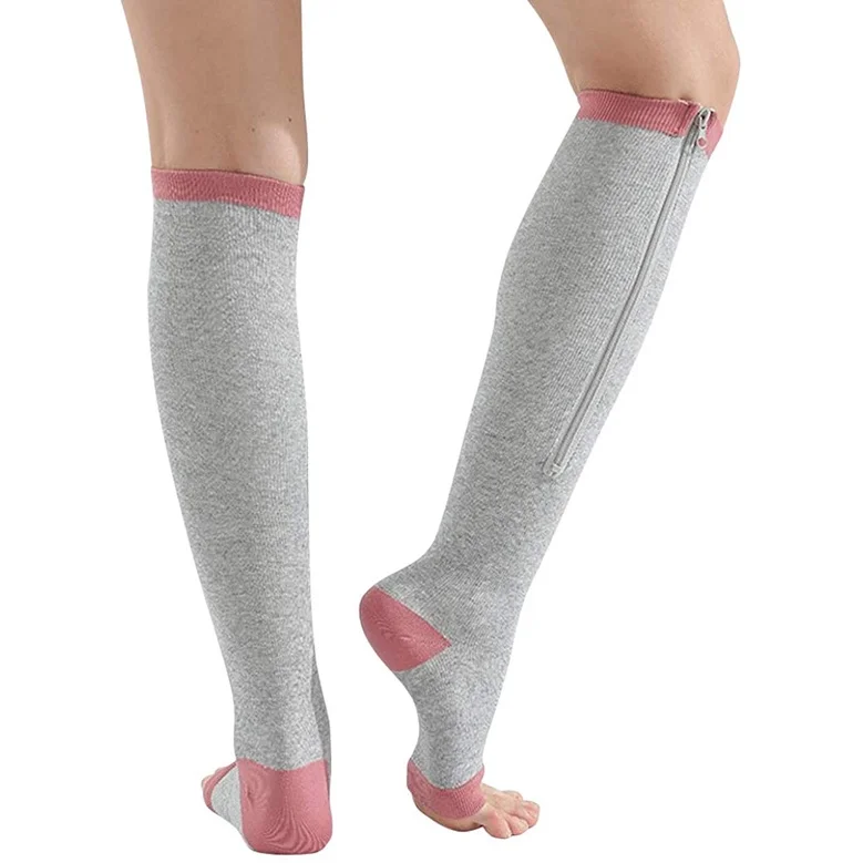 

Zipper Compression Socks Knee High Open Toe Firm Support Graduated Varicose Veins Hosiery for Pregnant Edema Swollen Nurses