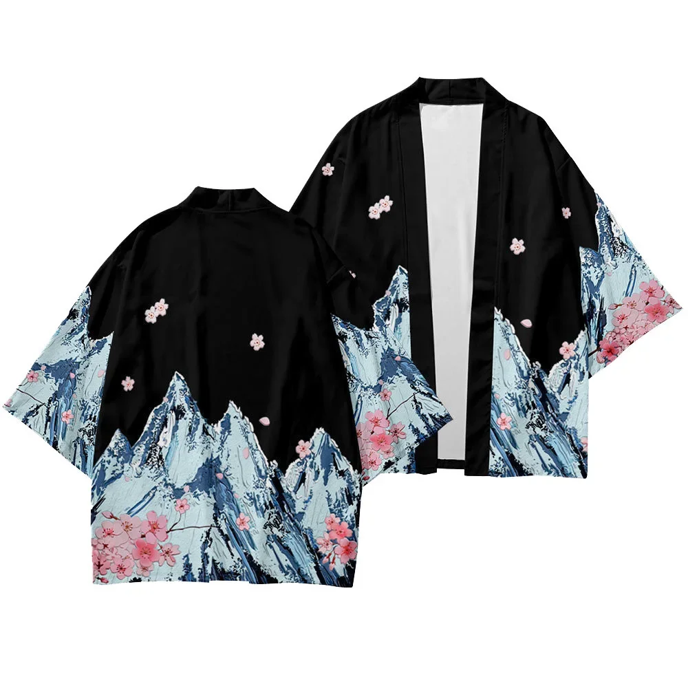 Japanese Haori Kimono Cardigan Mount Fuji Cherry Blossom Snow Mountain Print Japanese Style Yukata Jacket Beach Cover Up
