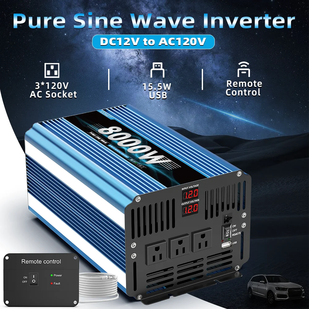 8000W Peak Power Inverter 3000W Pure Sine Wave DC 12V 24V To AC 120V with Remote Control and USB LCD Display Vehicles RV Boat