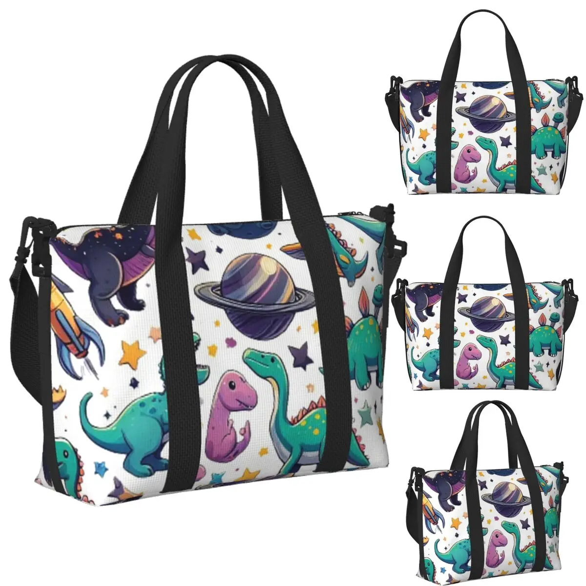 

Custom Dinosaur Dinosaurs In Space Beach Travel Bag Large Capacity Tote Bags for Gym Sport Women Shopping Duffle Shoulder Bag