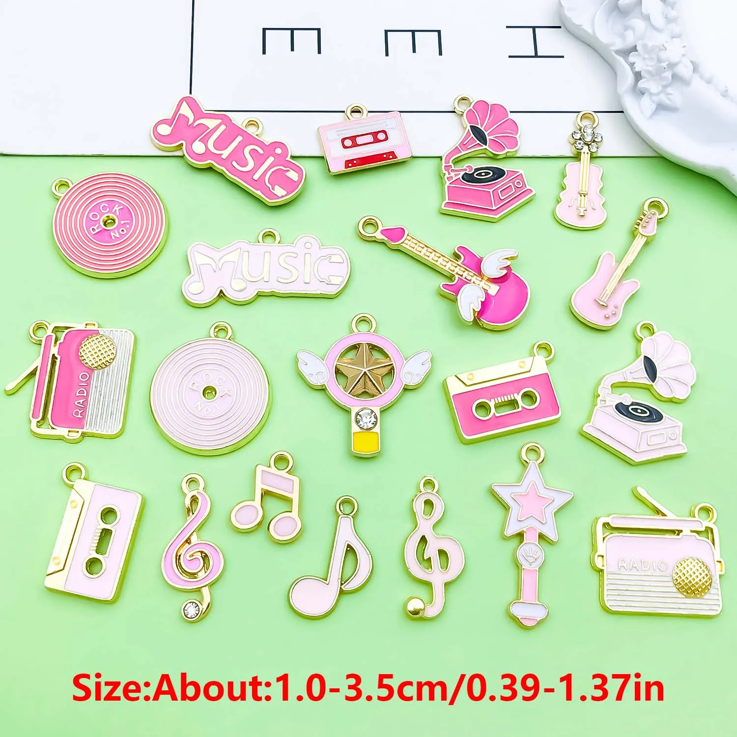 5/20pcs Pink Enamel Musical Instrument Charms Alloy Musical Notes, Records, Phonograph Pendants for DIY Jewelry Making Accessory
