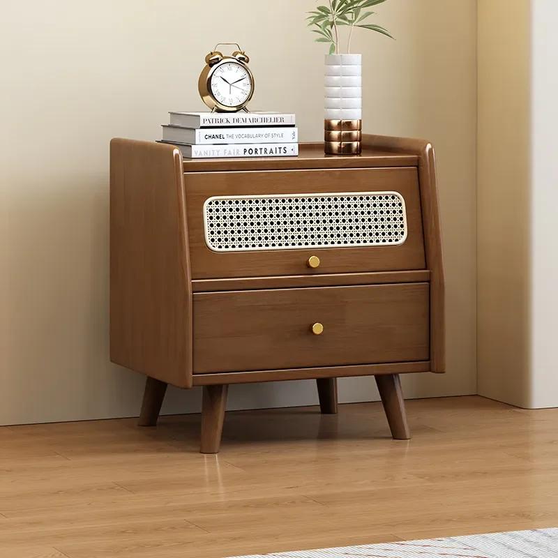 New Retro Rattan Bedside Table Medium Antique Style Bedroom Simple Modern 45CM Black Walnut Color Storage Cabinet for Home
