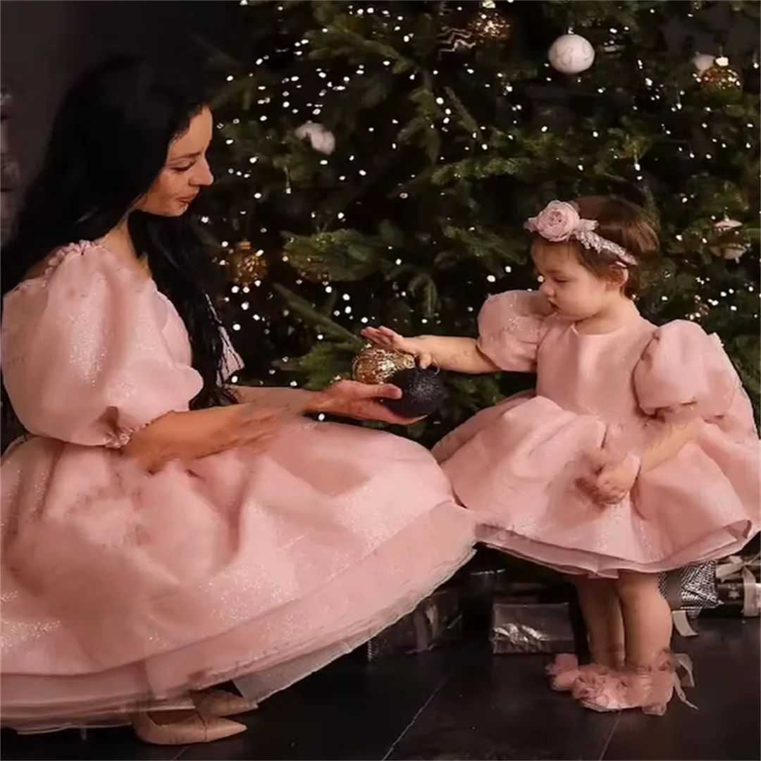 

Princess Mother and Daughter Dress Gitter Puff Sleeves Birthday Photo Shoot Prom Dress Short Ball Party Gowns For Party