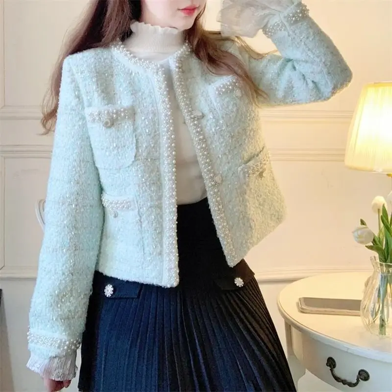 Women Coarse Tweeds Pearls Beaded Jacket Woolen Plaids Weaved Cardigan High Waist Rhinestones Beading Crystal Buttons Coat Tops