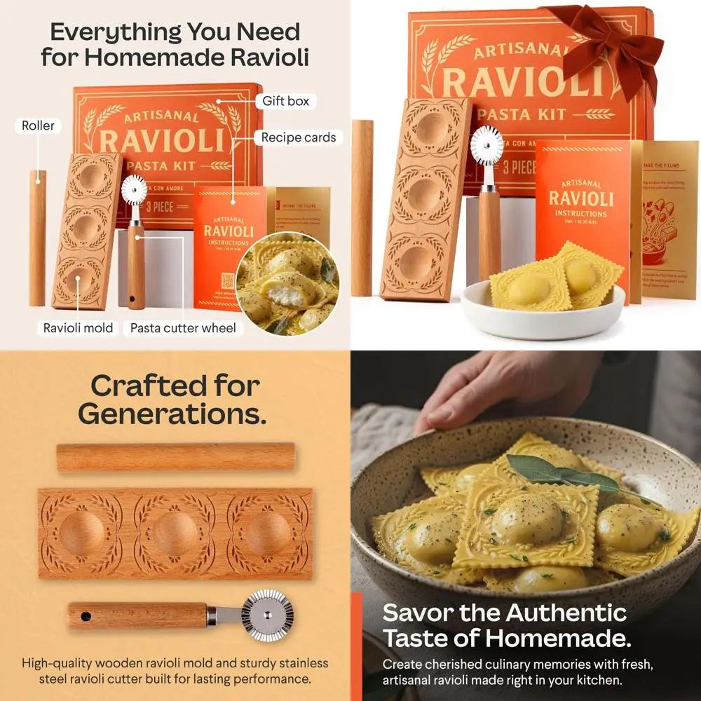 

Handcrafted Wooden Ravioli Press Set with Mold and Cutter for Homemade Pasta Making (3-Piece)